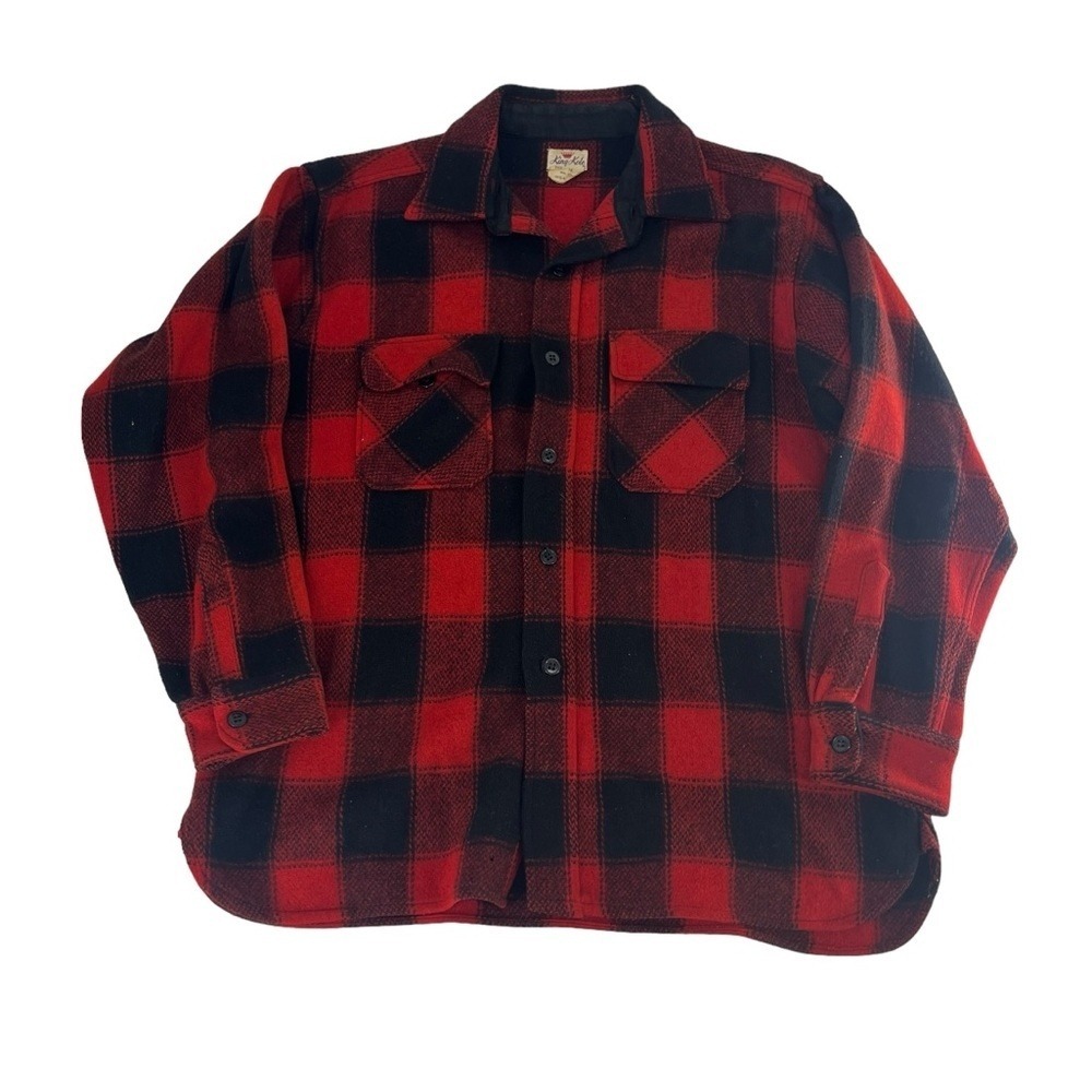 Vintage 1950s King Kole Flannel Shirt Mens 16 Red Black Buffalo Plaid Sanforized